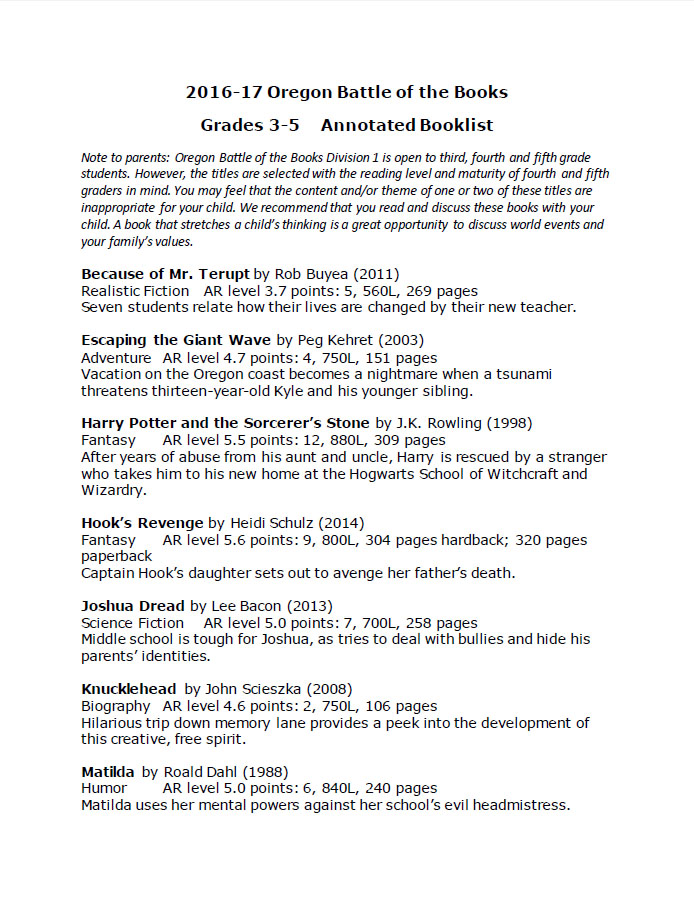 Current Titles Oregon Battle of the Books
